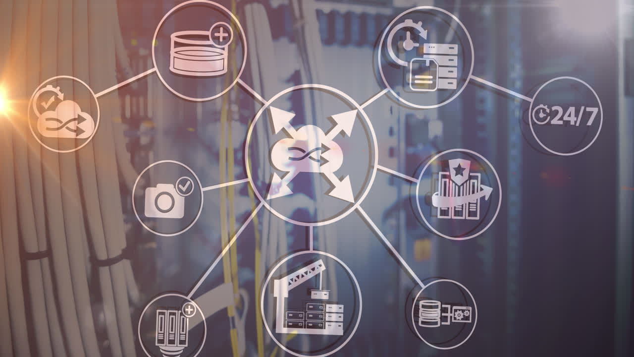 пятно света и сеть цифровых икон на фоне компьютерного сервера