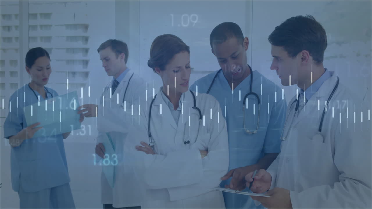 Medical team examining charts and X-rays in clinical corridor, displaying digital graphs overlay