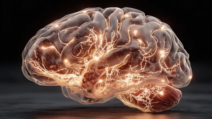 An Artistic Visualization of a Human Brain with Glowing Neural Connections Highlighting the Complexity of Thought and Cognition in the Human Mind