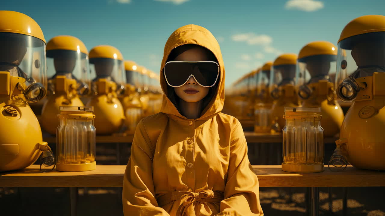 Young person in yellow gear with masks. A person wears a yellow hooded coat and large glasses, standing in front of rows of yellow gas masks under a clear sky