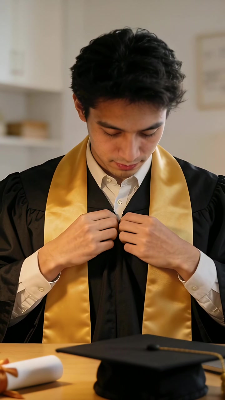 Video verticale: Uomo che sistema la toga di laurea e la stola dorata in uno studio a casa con tocco e diploma