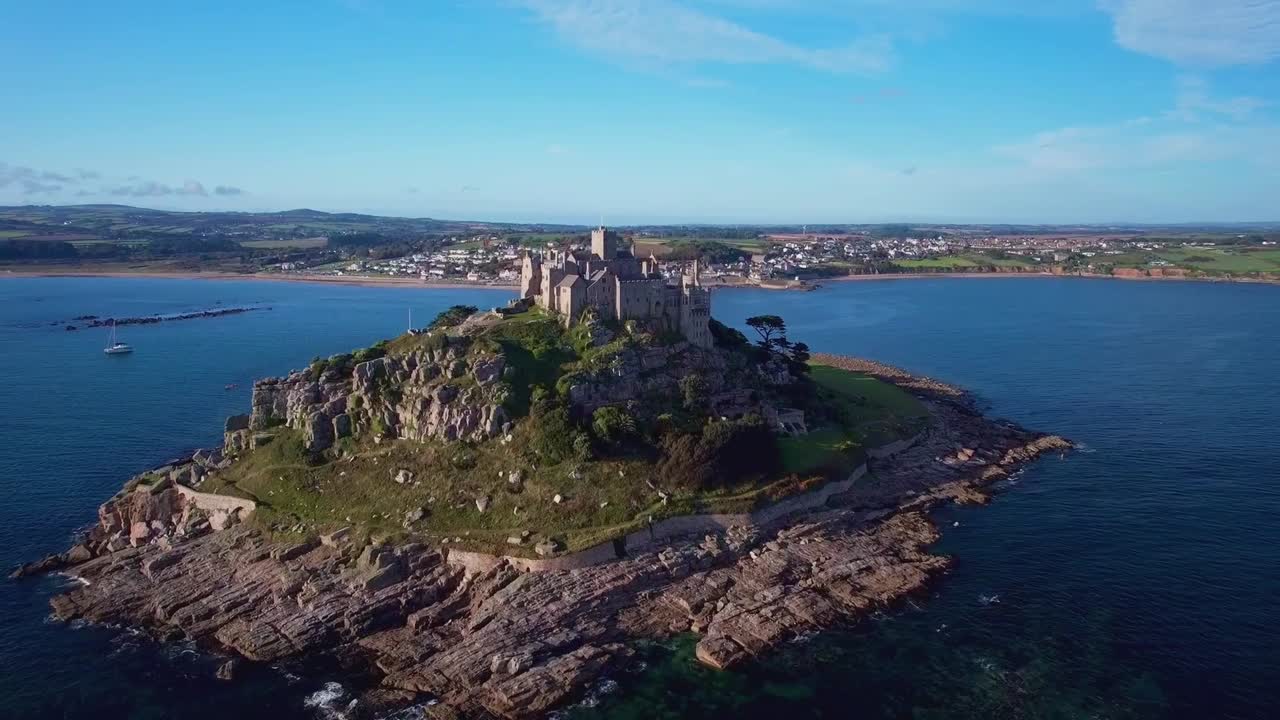 Scenic View Over St Michael's Mount in Cornwall Overlooking Penzance, Aerial Drone Shot