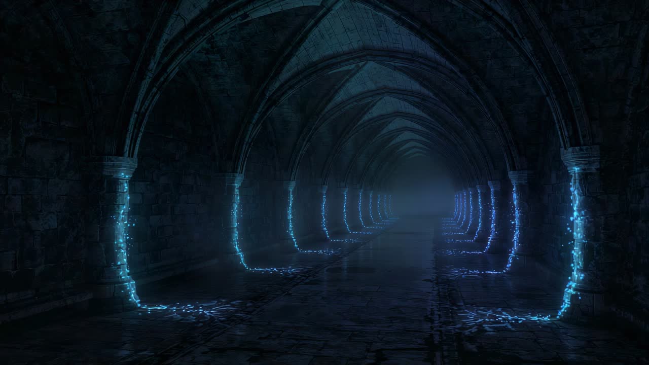 Pulsing vaulted stone corridor reacting to ribbons along columns, sending blue motes into foggy end