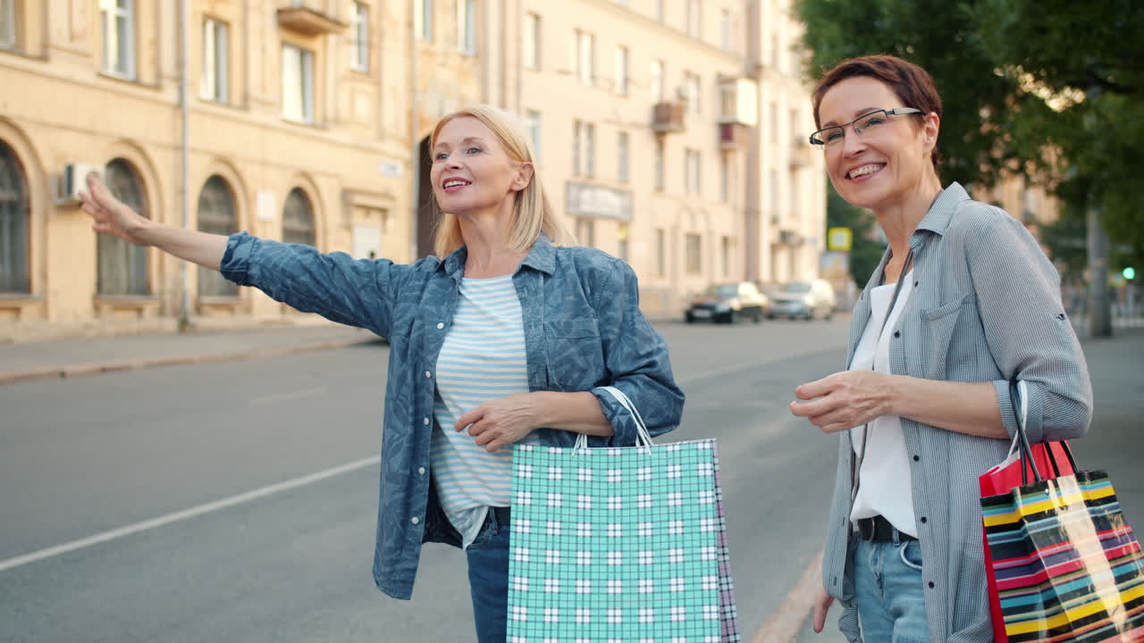 Two Women Shopping and Catching a Taxi