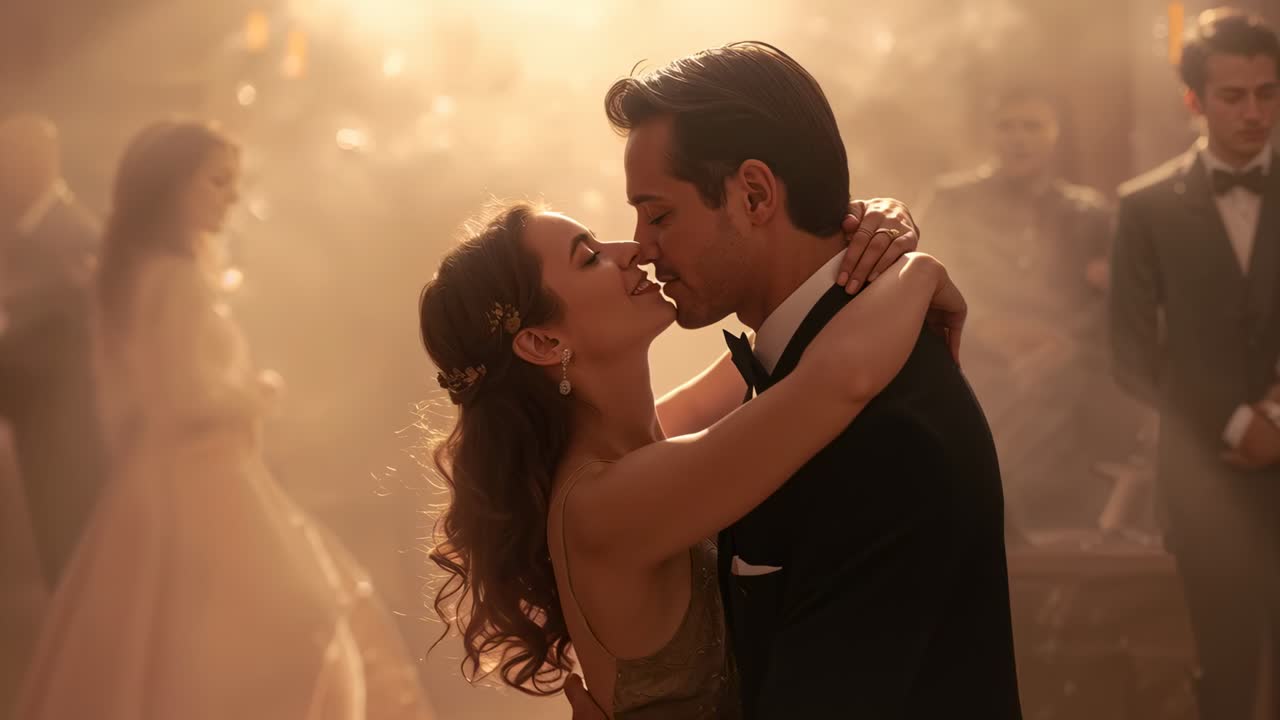 Pareja romántica balanceándose y acercándose para besarse en un salón de bodas mientras la música aumenta, con vestido, esmoquin, calima