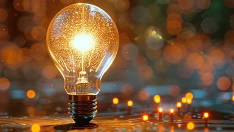 a light bulb is lit up in a dark room with a blurry background. the light bulb is surrounded by a bunch of other light bulbs, creating a sense of warmth and coziness