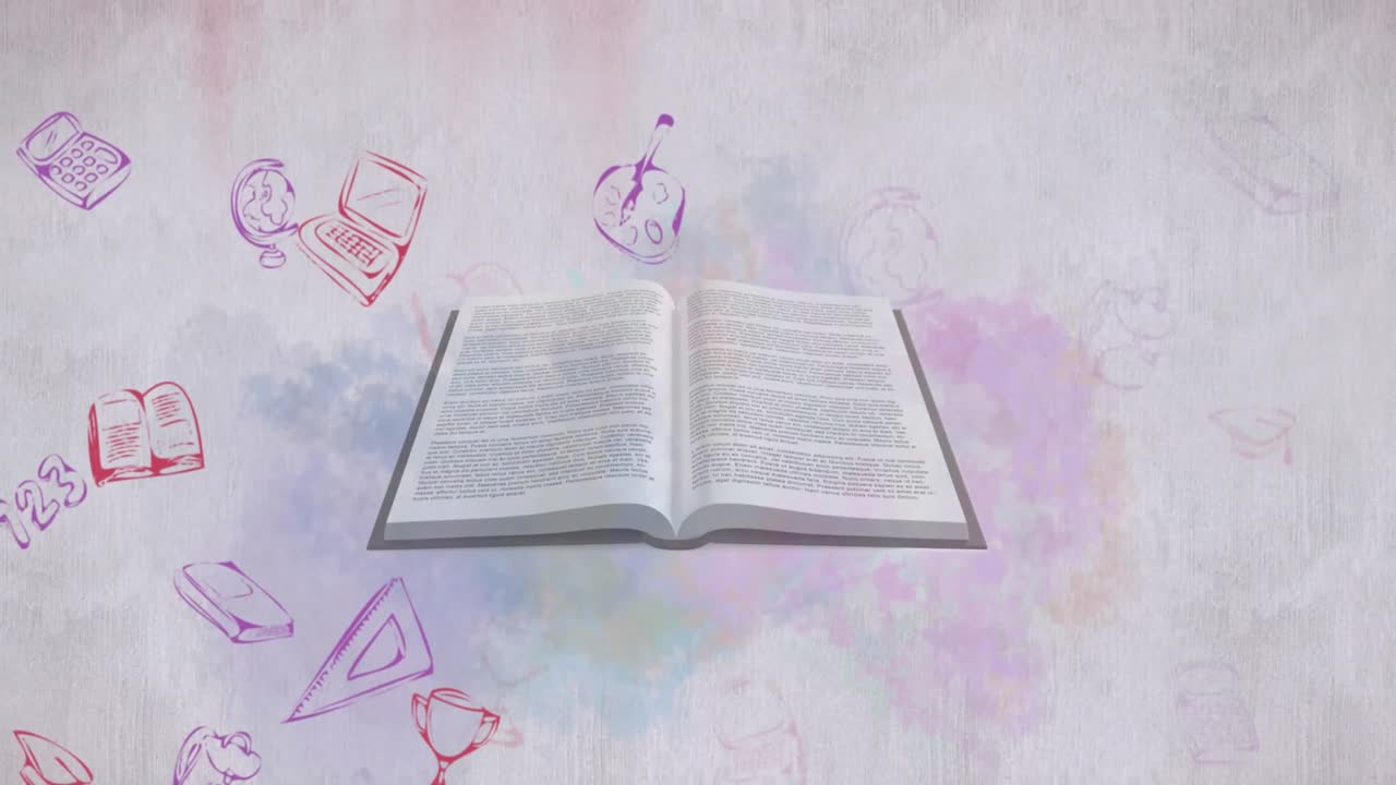 animación de los iconos de los artículos escolares sobre el libro abierto.