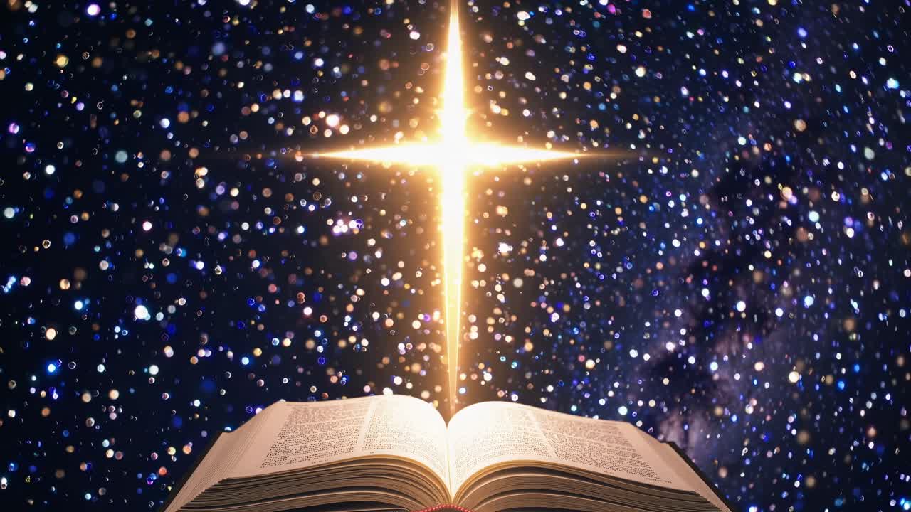A video still of an open book with a glowing cross above, set against a starry sky