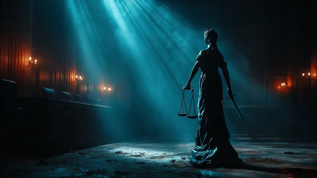 A silhouette of Lady Justice stands in a dimly lit courtroom, holding scales and a sword, embodying the pursuit of justice and accuracy in a somber environment