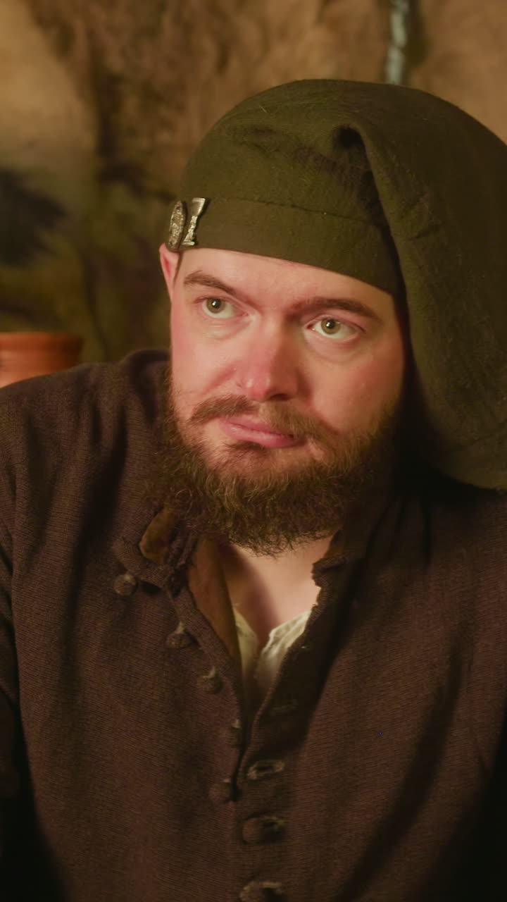 el conserje barbudo molesto en el sombrero en la taberna. el comerciante enano expresivo se encuentra decepcionado por el trato fallido en la tienda medieval. la vida dura de los viejos tiempos vendedor