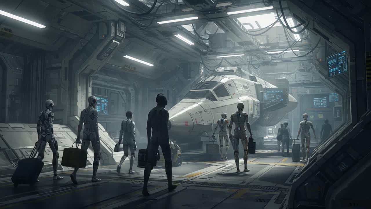 A Futuristic Space Station Scene Depicting Androids and a Starship, Set in an Advanced Galactic Hangar with Striking Lighting and High-Tech Design Elements