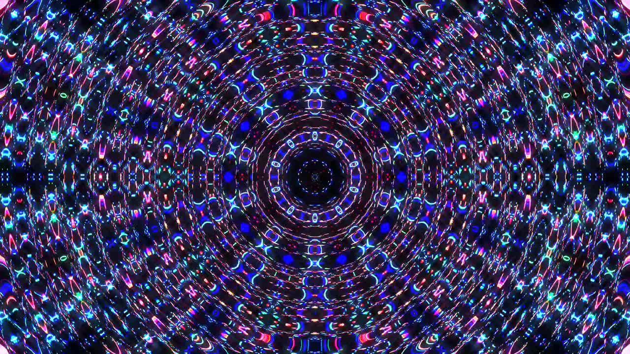 Caleidoscópio abstrato com movimento suave de linhas vermelhas e azuis brilhantes e luz cintilante.