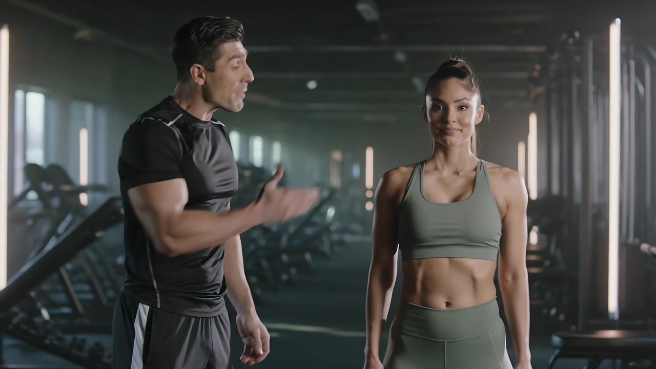 Reacting trainee in green sports bra adjusting posture for form after trainer cue by gym benches