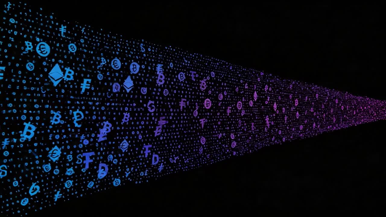 A Stunning Visual Journey Through Vibrant Currency Symbols Captured in Dynamic Blue and Purple Colors, Creating a Hypnotic Effect Against a Dark Background