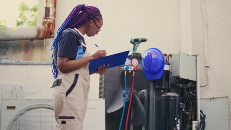 worker inspecting freon levels