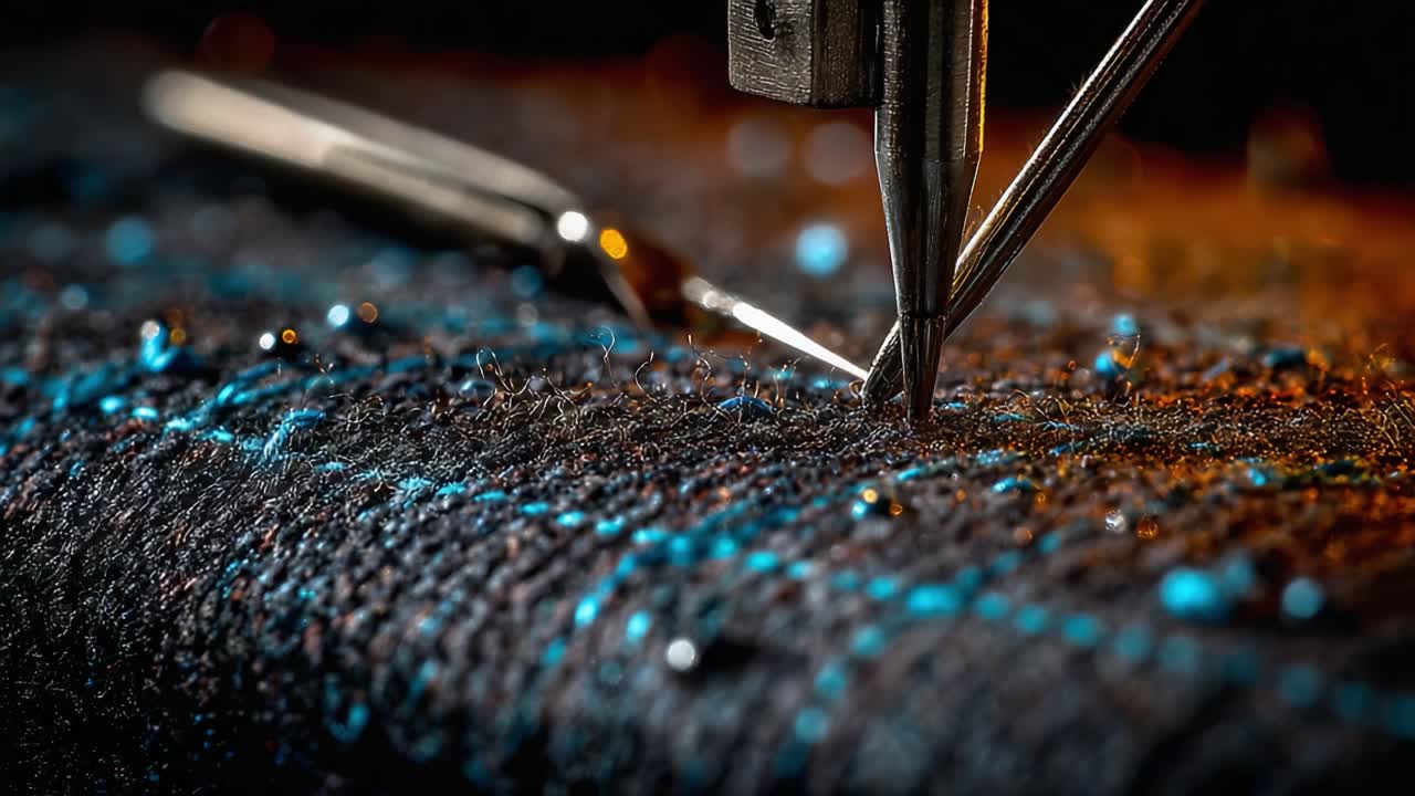Primo piano dettagliato di un ago di macchina da cucire che cuce perfettamente un filo colorato su tessuto, mettendo in mostra precisione e artigianalità nelle arti tessili