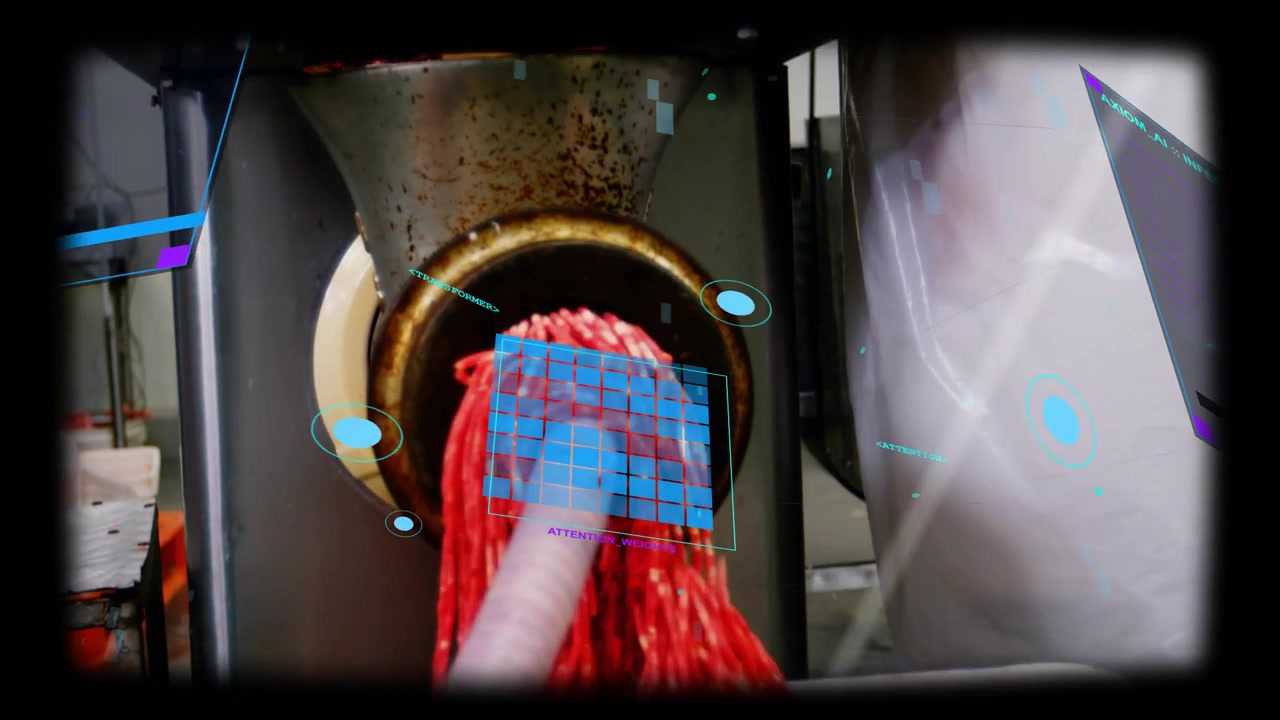 Donna della tecnologia alimentare che pressa un impasto, avvia l'estrusore e un operatore guida i fili rossi in un vassoio, HUD.