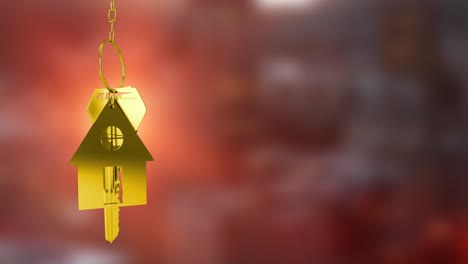 Animation-of-golden-house-keys-hanging-against-blurred-background-with-copy-space