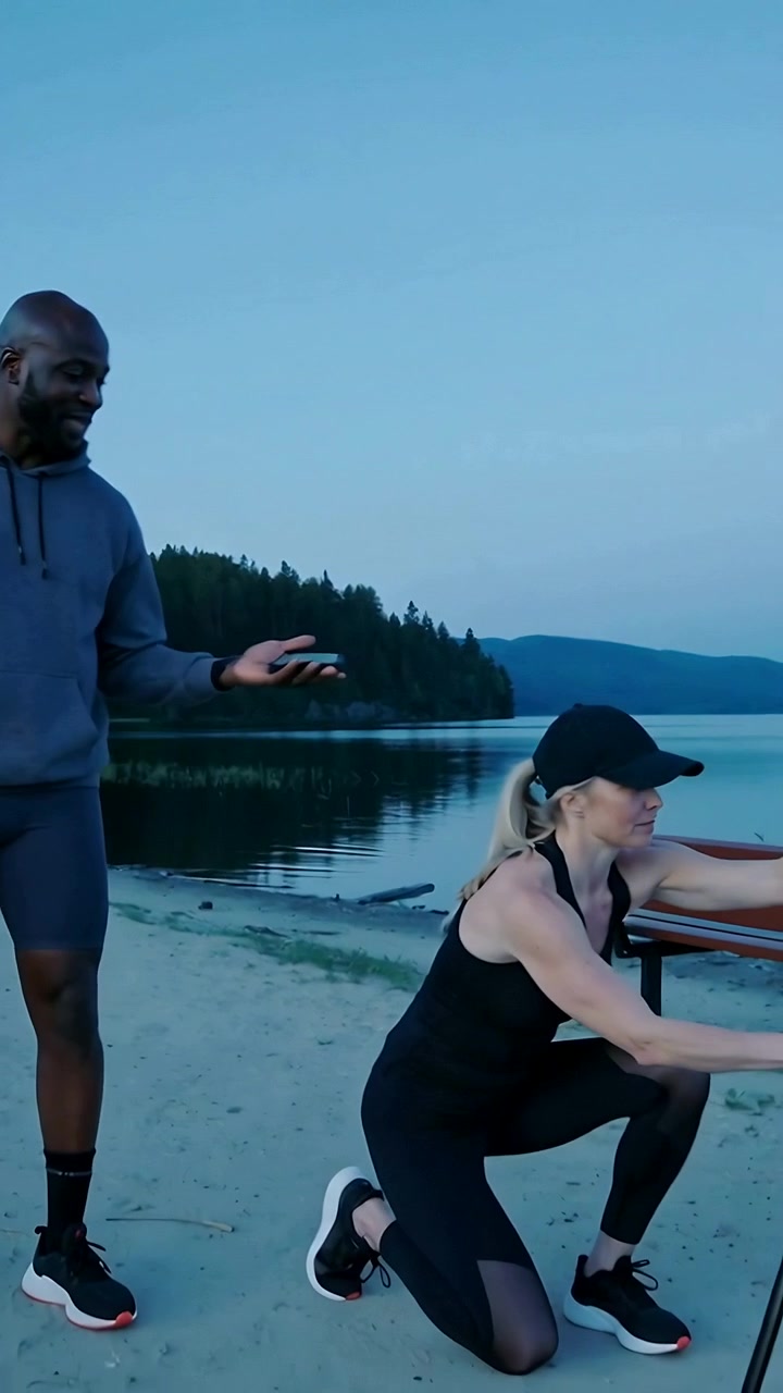 Vertical video: Pointing coach guiding client in black by lake, fixing tripod, checking phone watch