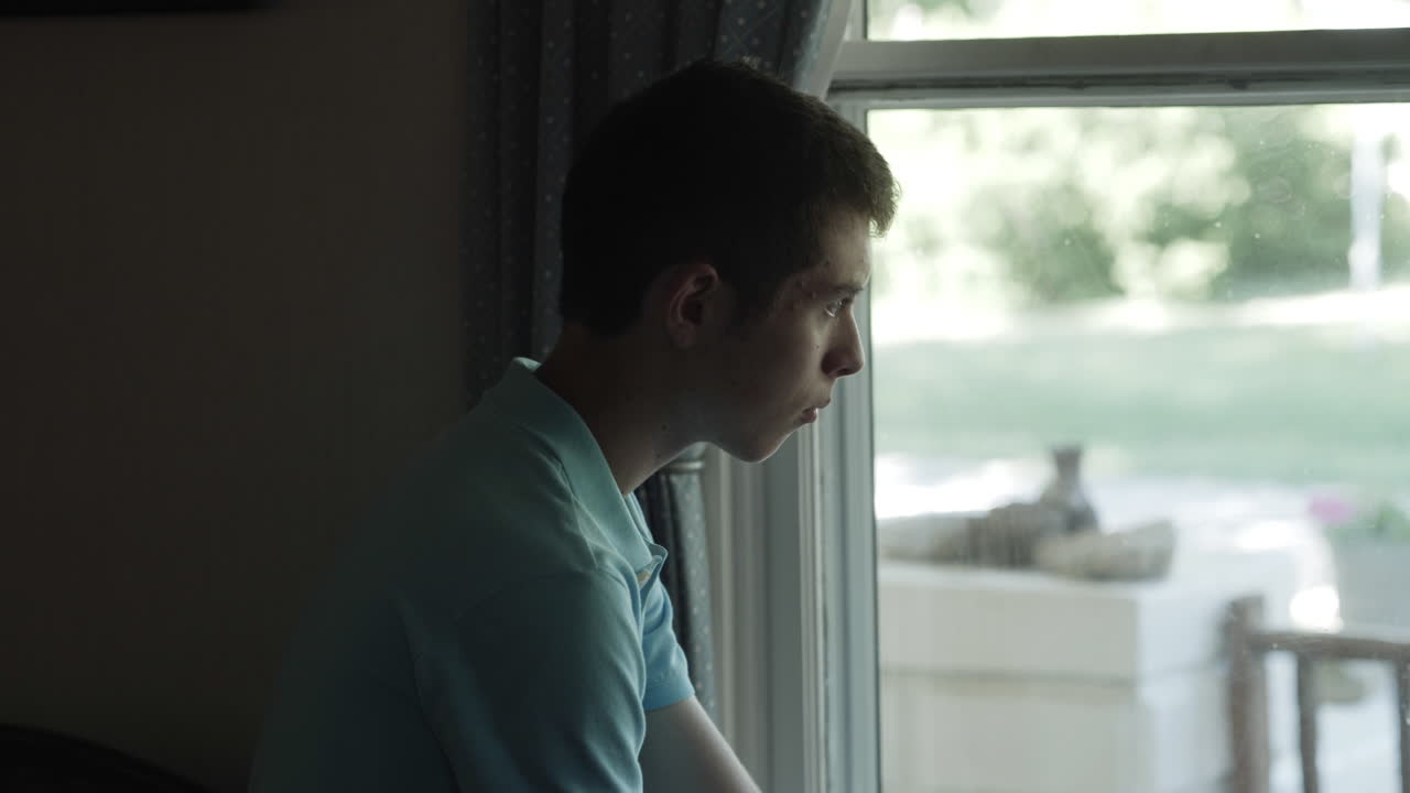 우울증과 불안에 시달리는 불행한 젊은이가 한 여름날 창밖에서 영화 속도 느린 동작을 지켜보고 있다.