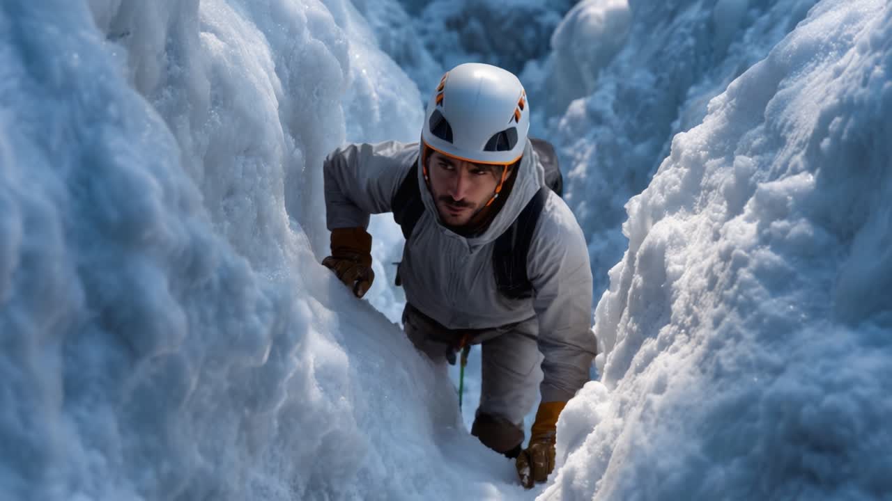 Un alpinista determinato scala una ripida fessura ghiacciata, mostrando forza e concentrazione tra neve immacolata e formazioni rocciose in un impegnativo paesaggio invernale.