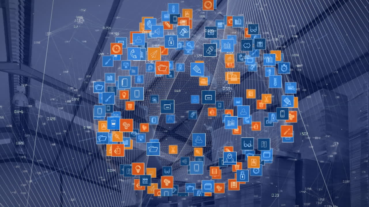 animación del globo hecho de iconos sobre fondo naval con almacén