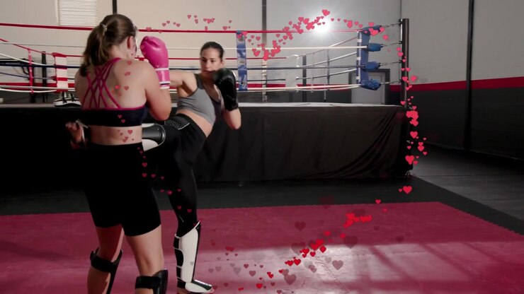 Dos luchadores entrando, combate de artes marciales, partículas de corazones rojos formando un arco alrededor de la pareja
