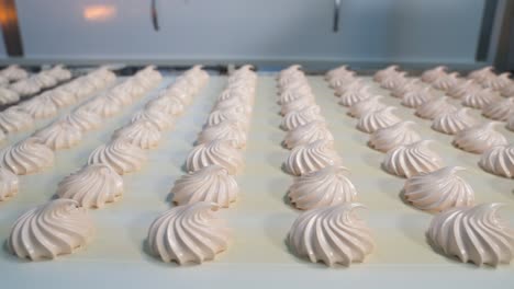 conveyor belt with sweet white marshmallow souffle at a candy factory. rows of finished products for sorting