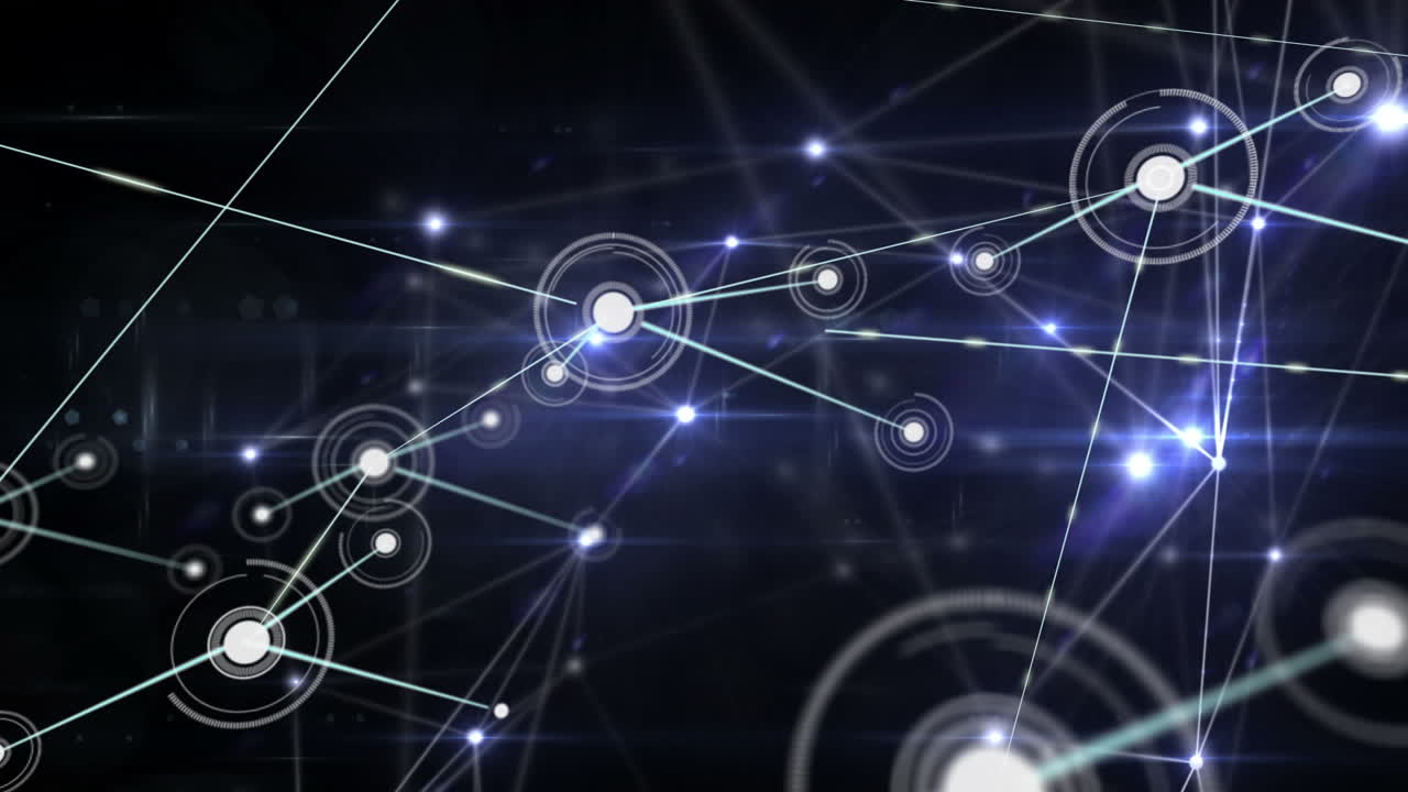 animación de la red de conexiones con iconos sobre fondo negro y violeta