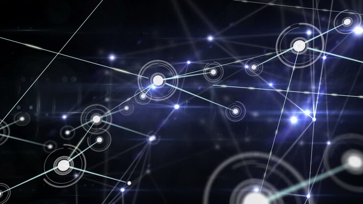 Animation of network of connections with icons over black and violet background