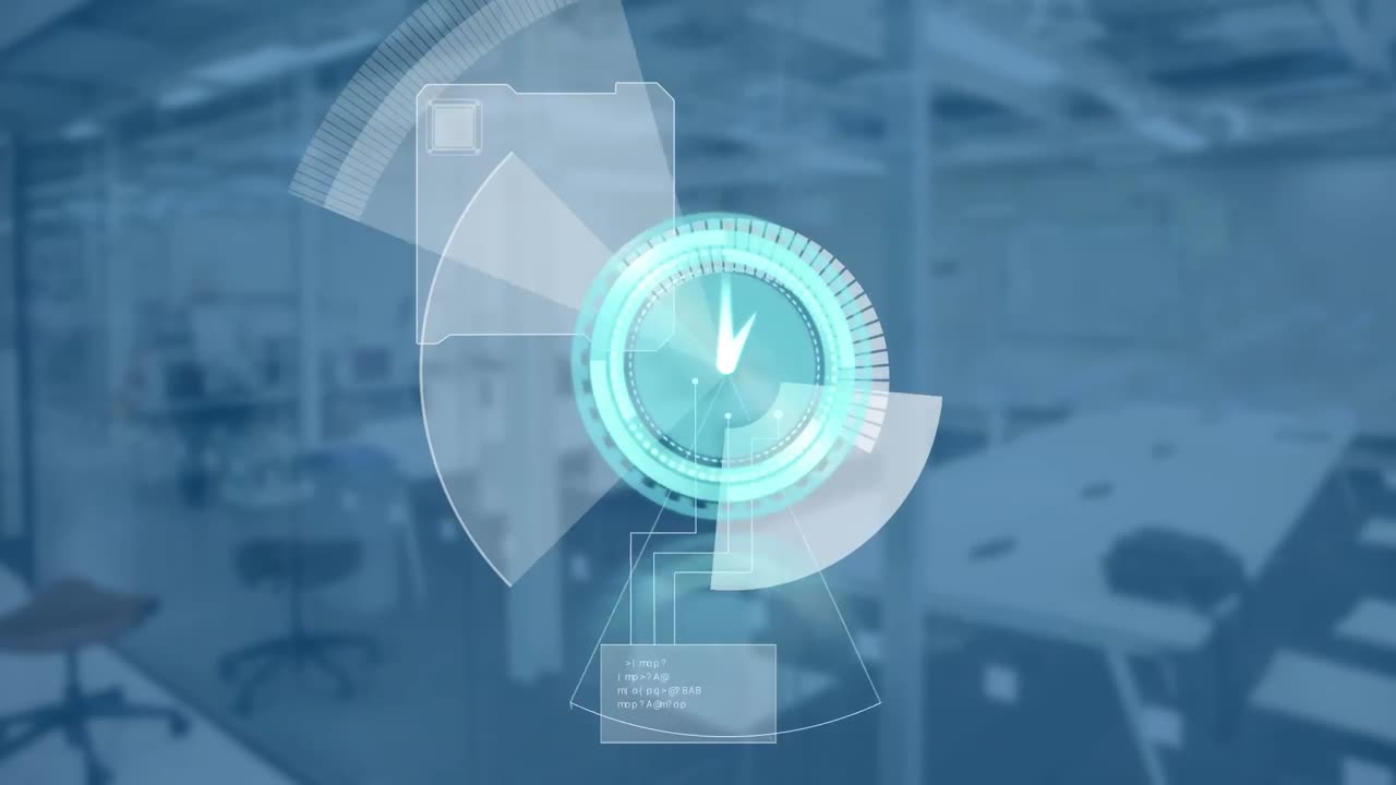 animación del reloj y el procesamiento de datos en una oficina vacía