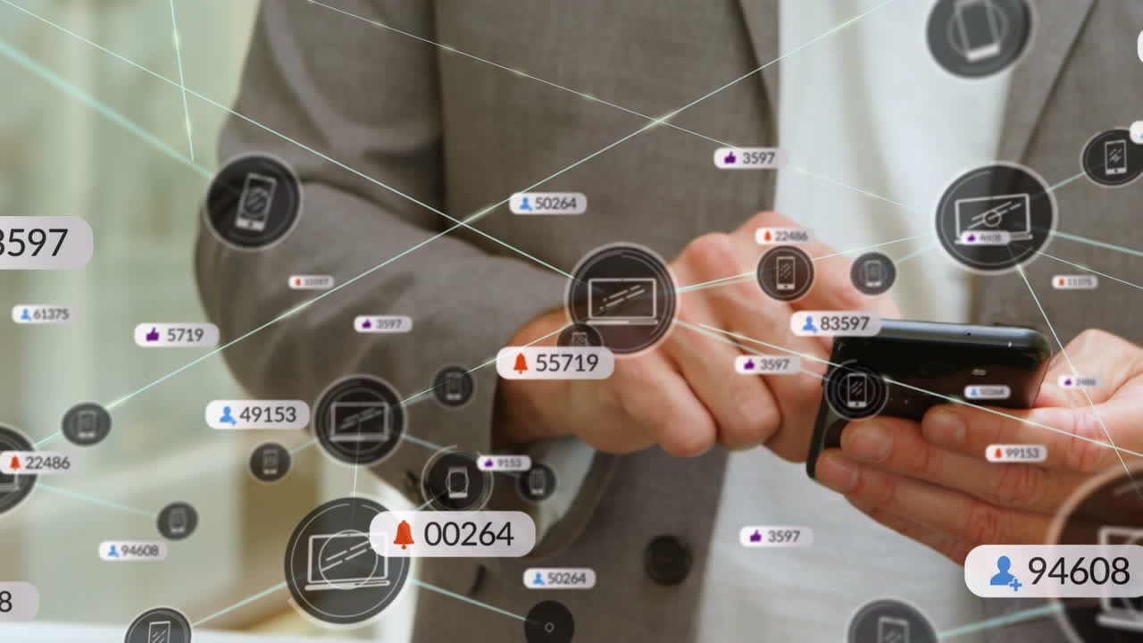 Animation of social media icons, numbers and connections over caucasian man using smartphone