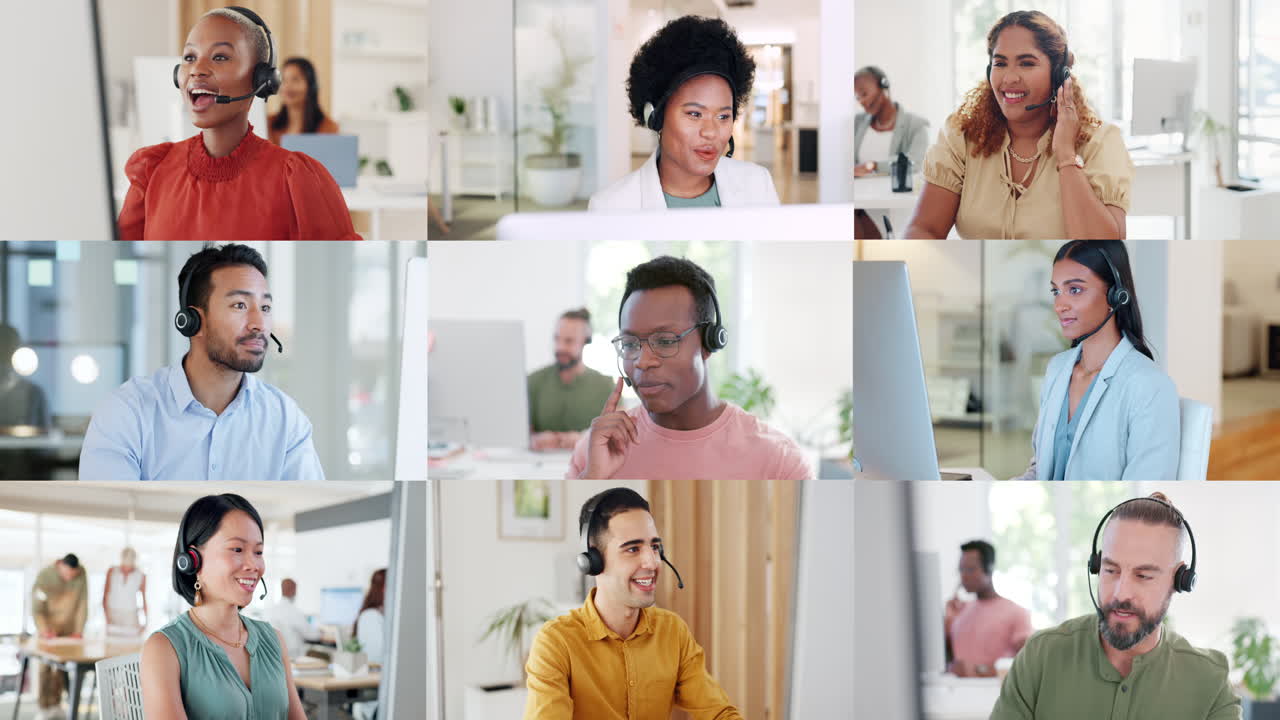 Call center, collage and people in office