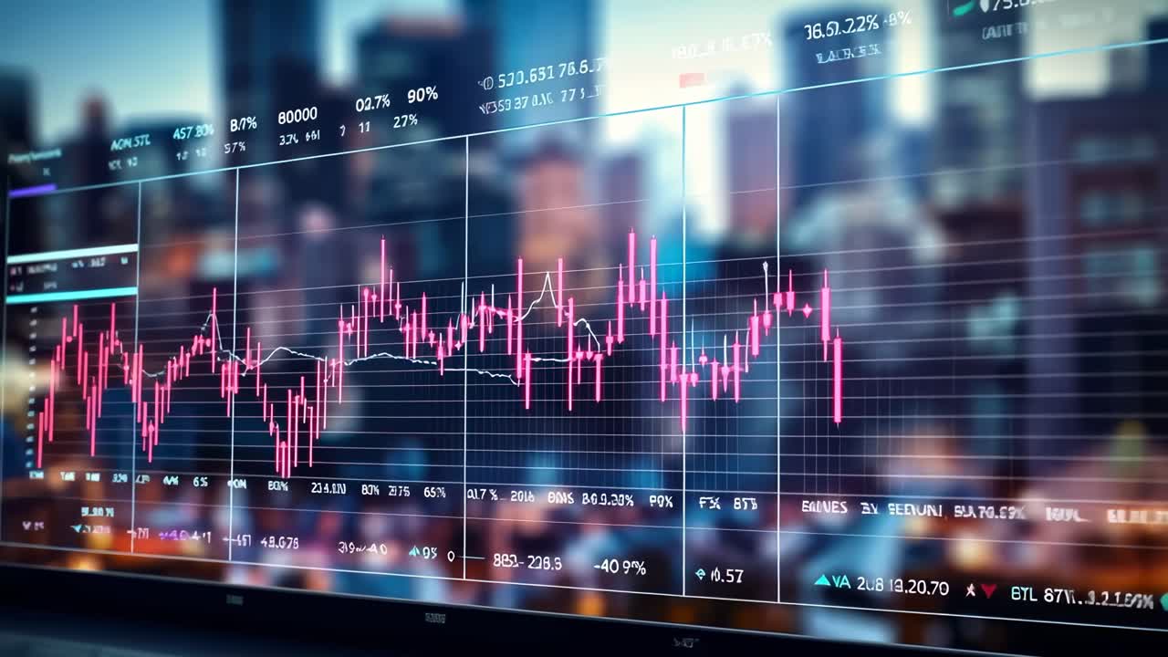 A dynamic video concept showing a digital stock market graph overlay on a cityscape