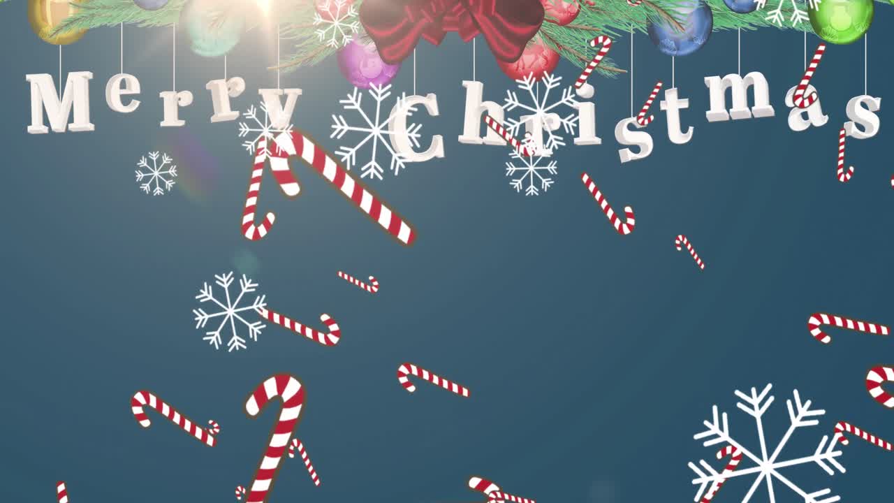 내리는 눈송이, 크리스마스 장식 및 파란색 배경 위의 인사를 애니메이션