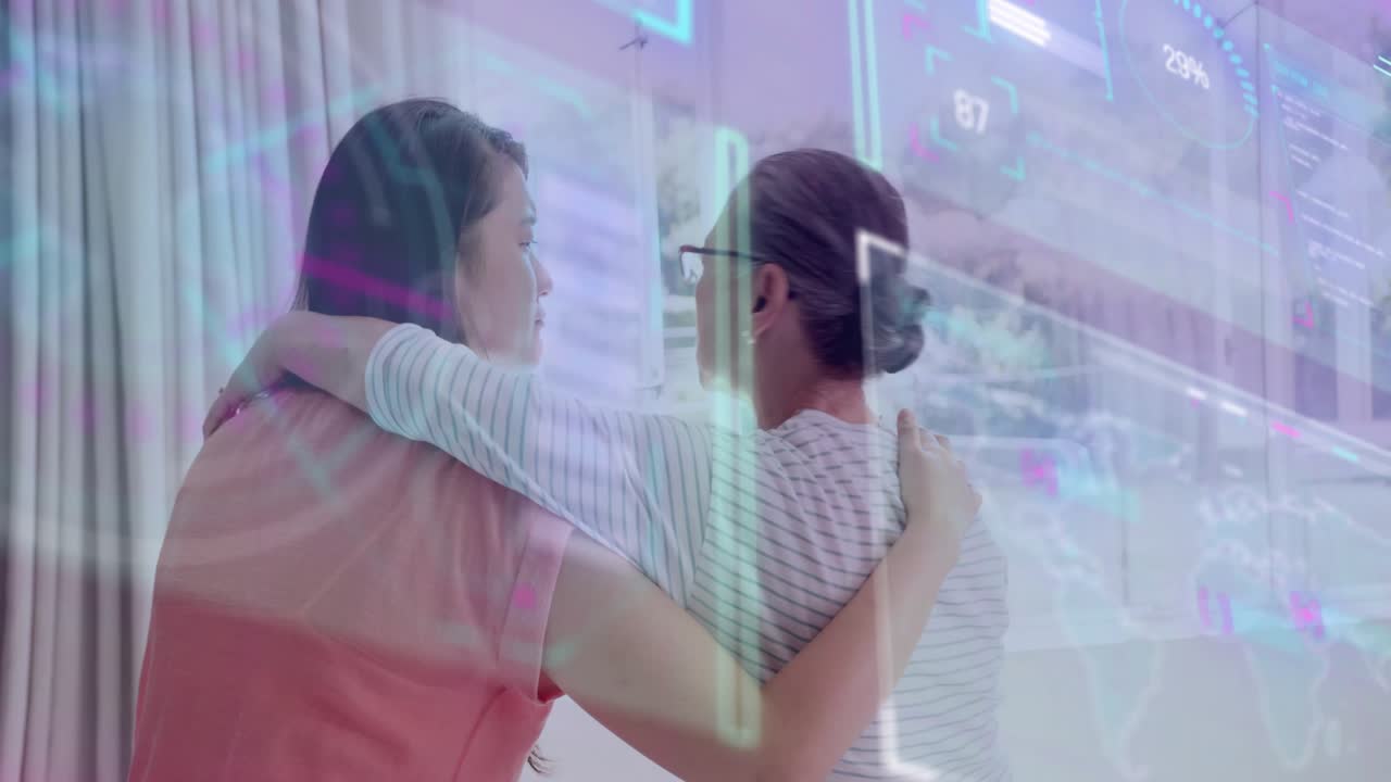 Mom approaching then hugging daughter, comforting while charts appearing around them for health