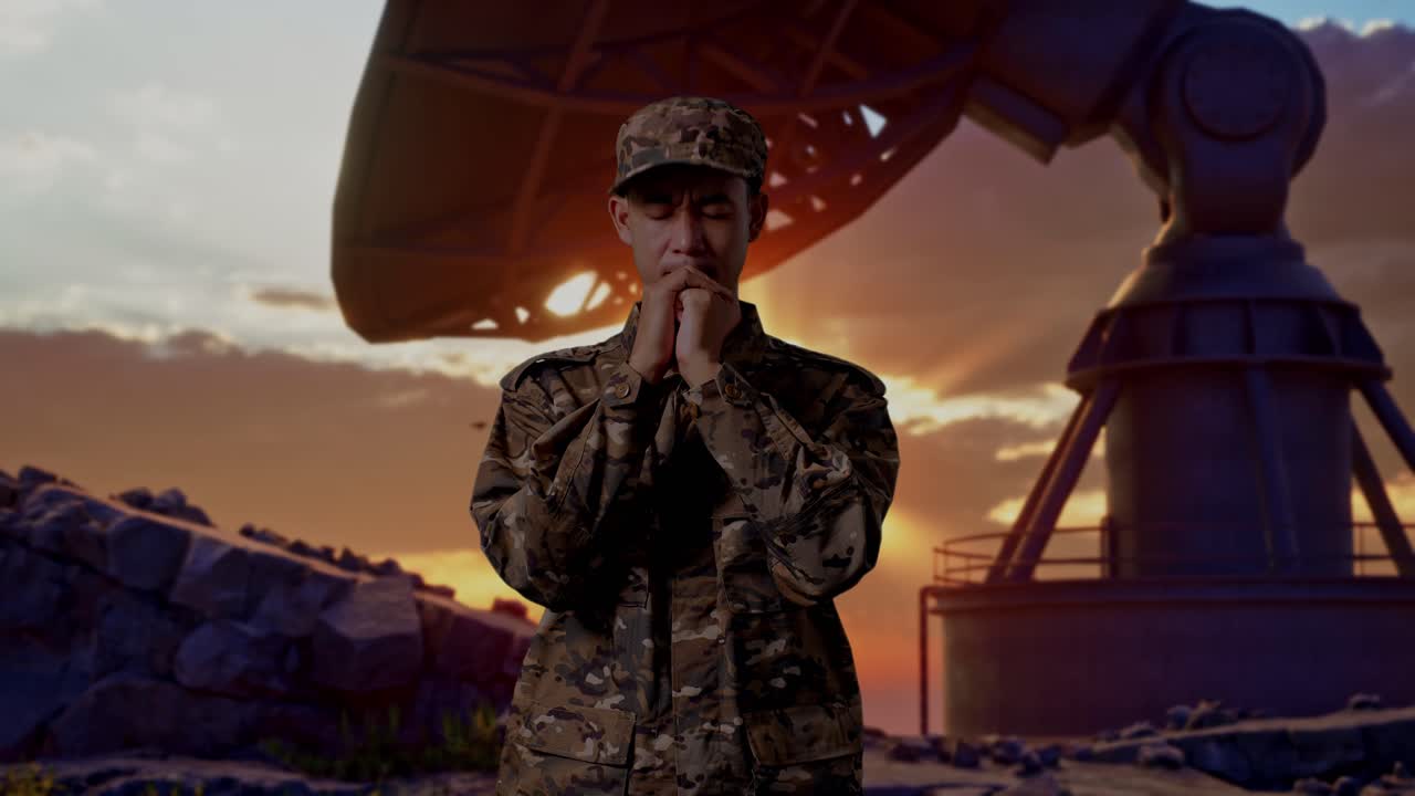 Asian Man Army Soldier Uniform Praying With Satellite Dish