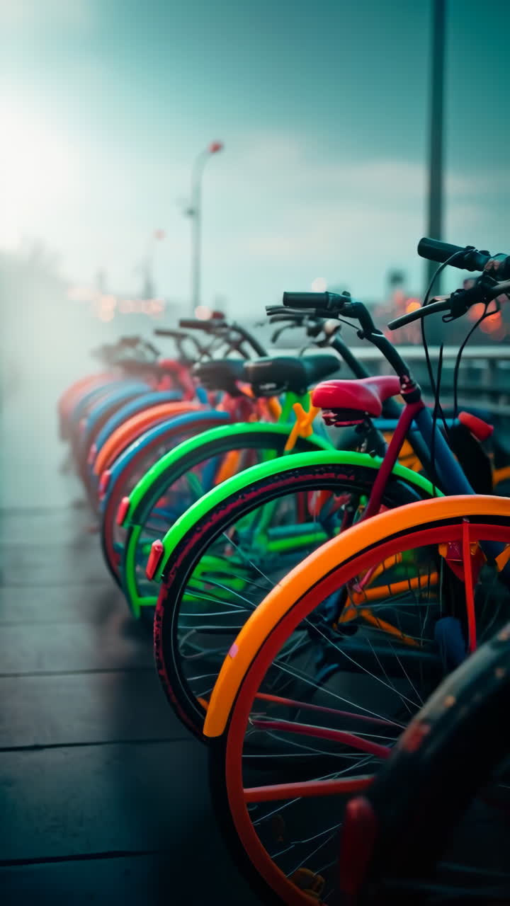 A Row of Colorful Bicycles Lined Up in an Urban Setting
