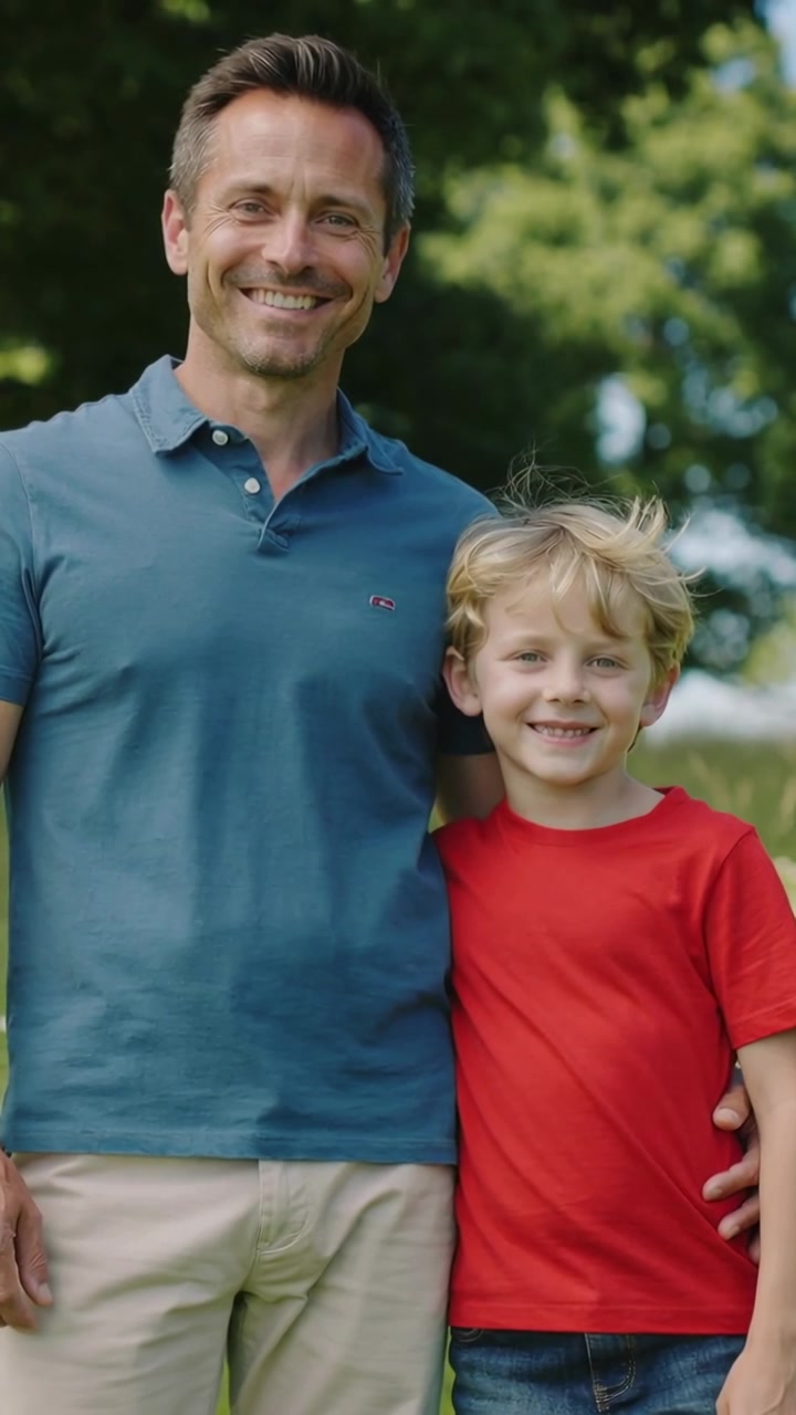 Video verticale: Padre e figlio sorridenti posano al parco all'inizio della ripresa, indossando una polo blu e una maglietta rossa.