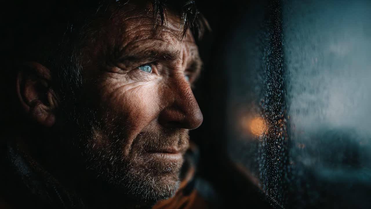 A Thoughtful Gaze: Capturing the Resilience and Depth of Emotion in a Man's Eyes as He Stares Through a Rain-Drenched Window, Reflecting Inner Contemplation and Strength