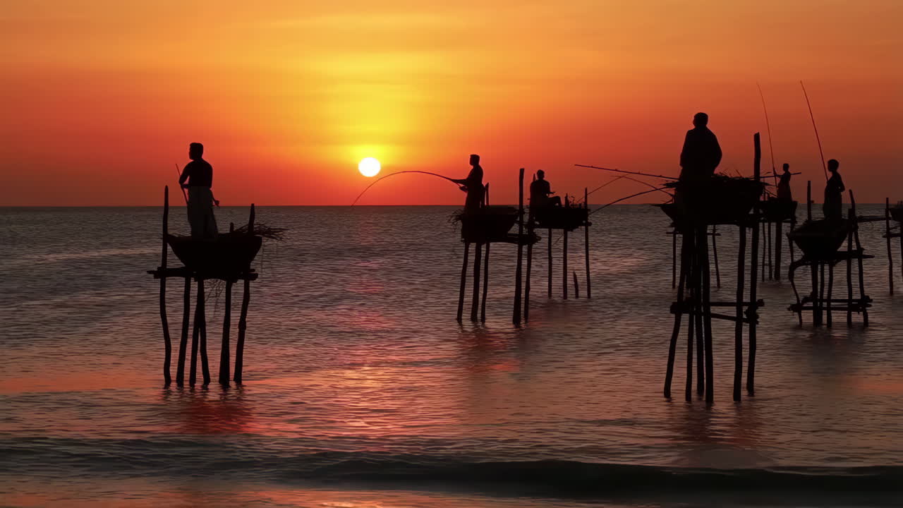 Fishermen silhouetted against a vibrant sunset over the ocean