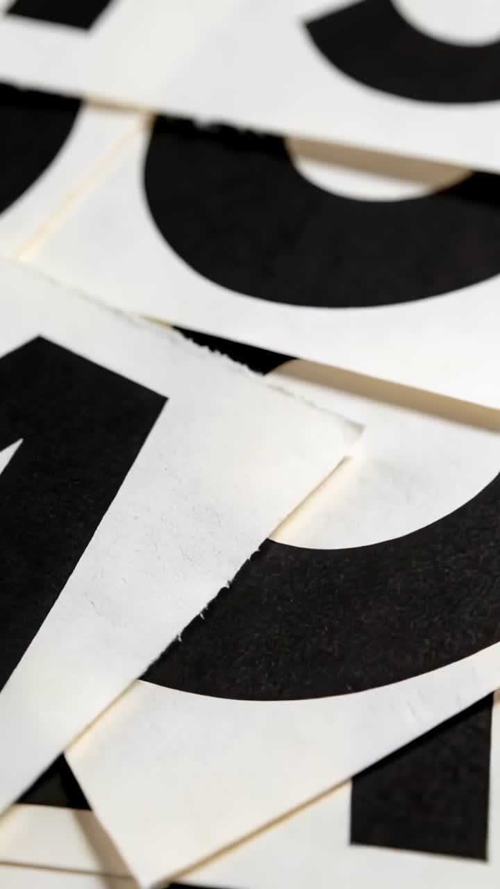 Slow camera sliding revealing layered white cards with letter A and bold black characters on desk