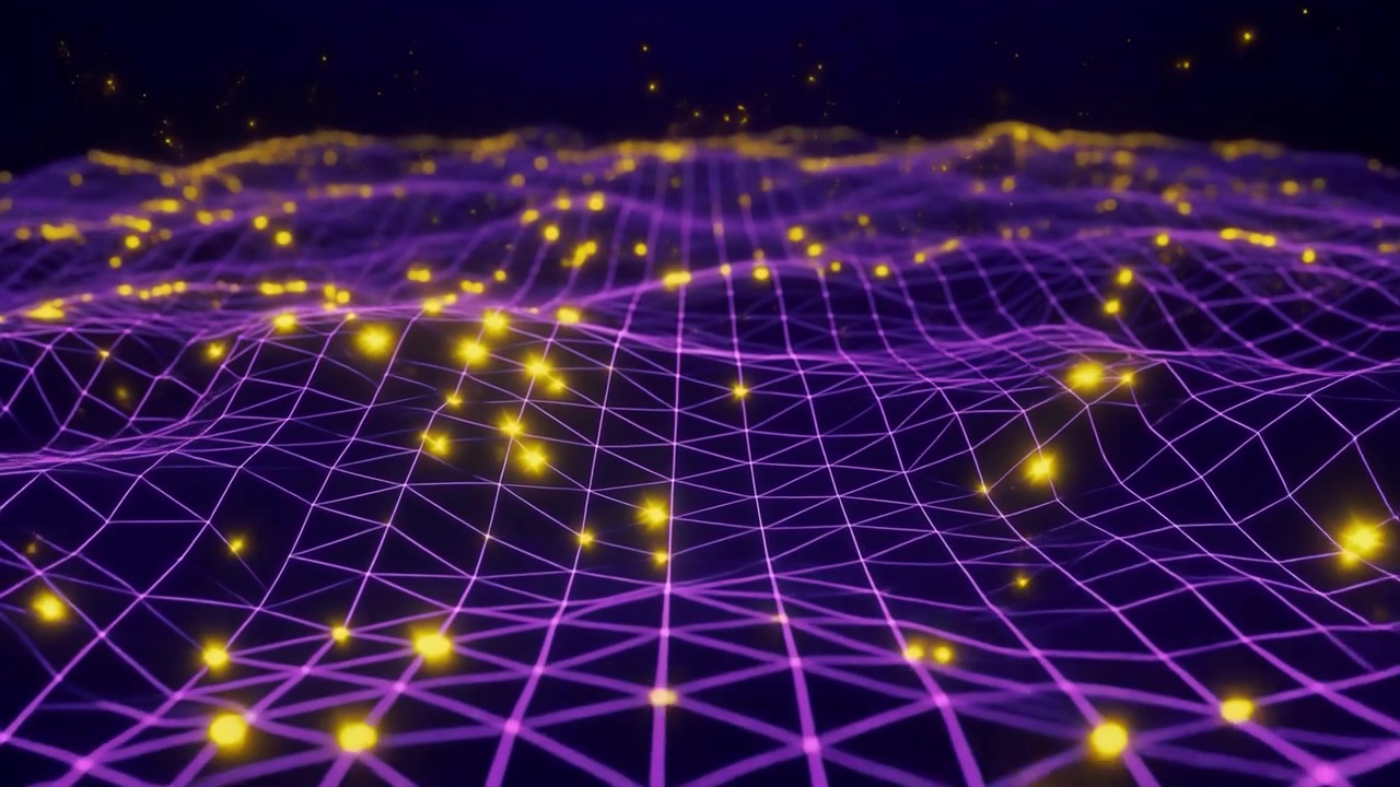 Abstract Digital Grid Landscape with Glowing Yellow Particles