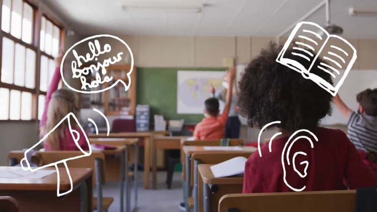 Multiple school concept icons against students raising their hands in the class at elementary school
