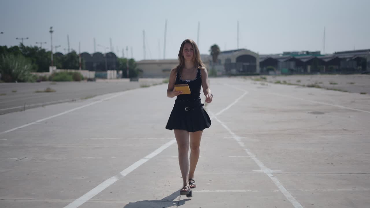 Donna che cammina in un parcheggio vuoto