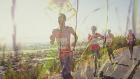 Animation-of-group-of-happy-caucasian-female-runners-on-road-over-grass