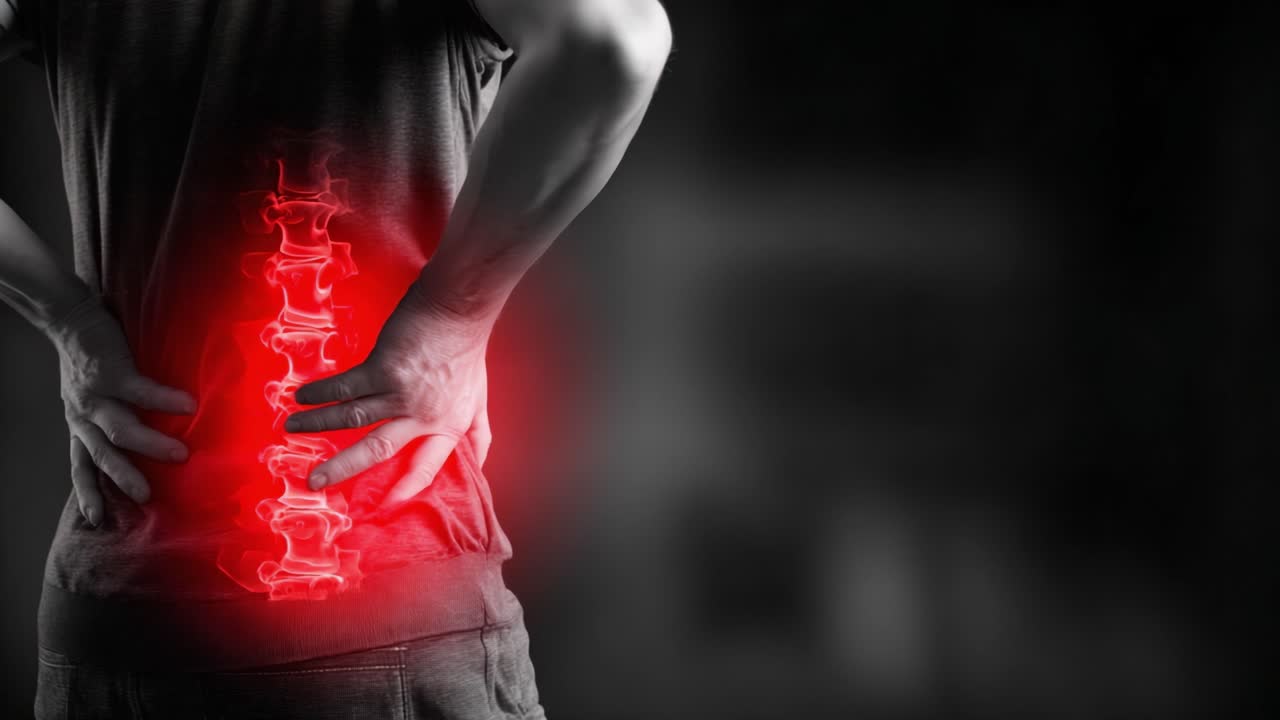 Visual Representation of Lumbar Pain: An Illustration of Back Discomfort Highlighting the Spine with Emphasis on Lumbar Region and Associated Pain Signals