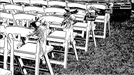 black and white animation of wedding chairs and reserved sign
