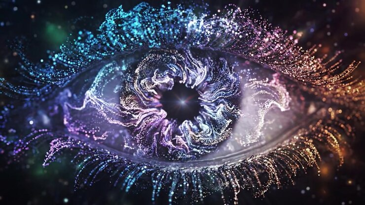 Exploring the Depths of Cosmic Vision: A Journey Through a Mystical Eye Radiating with Colorful Starlit Patterns and Intricate Cosmic Landscapes