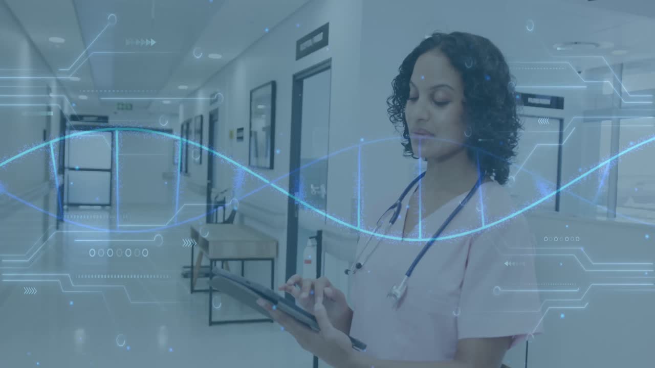 Animation of dna strand and medical data processing over biracial female doctor